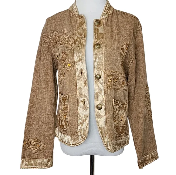 FLASHBACK Jacket Brown/Gold Embroidery Rhinestones Buttons Pockets Size Large